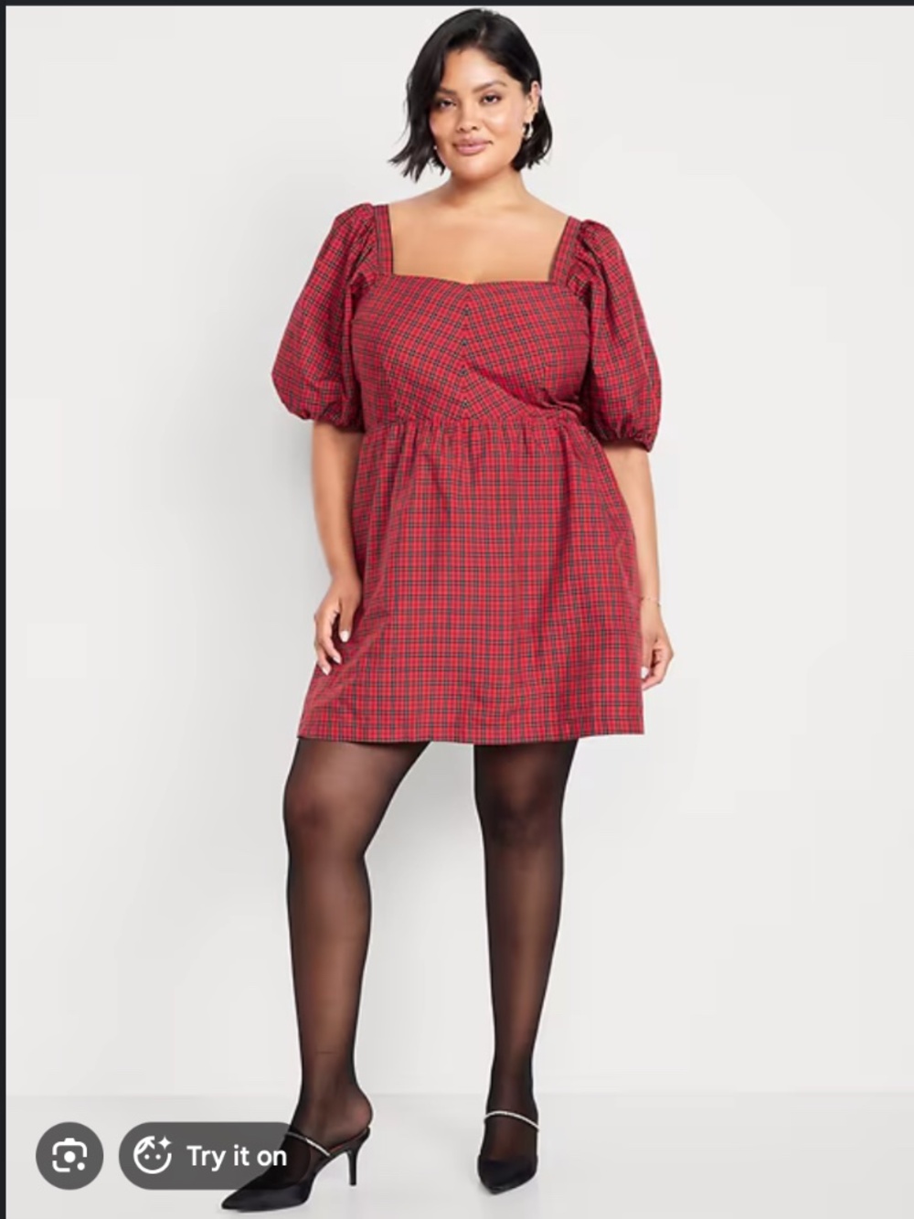 Old Navy Red Plaid Taffeta Fit & Flare Puff Sleeve Mini Dress Size 2X